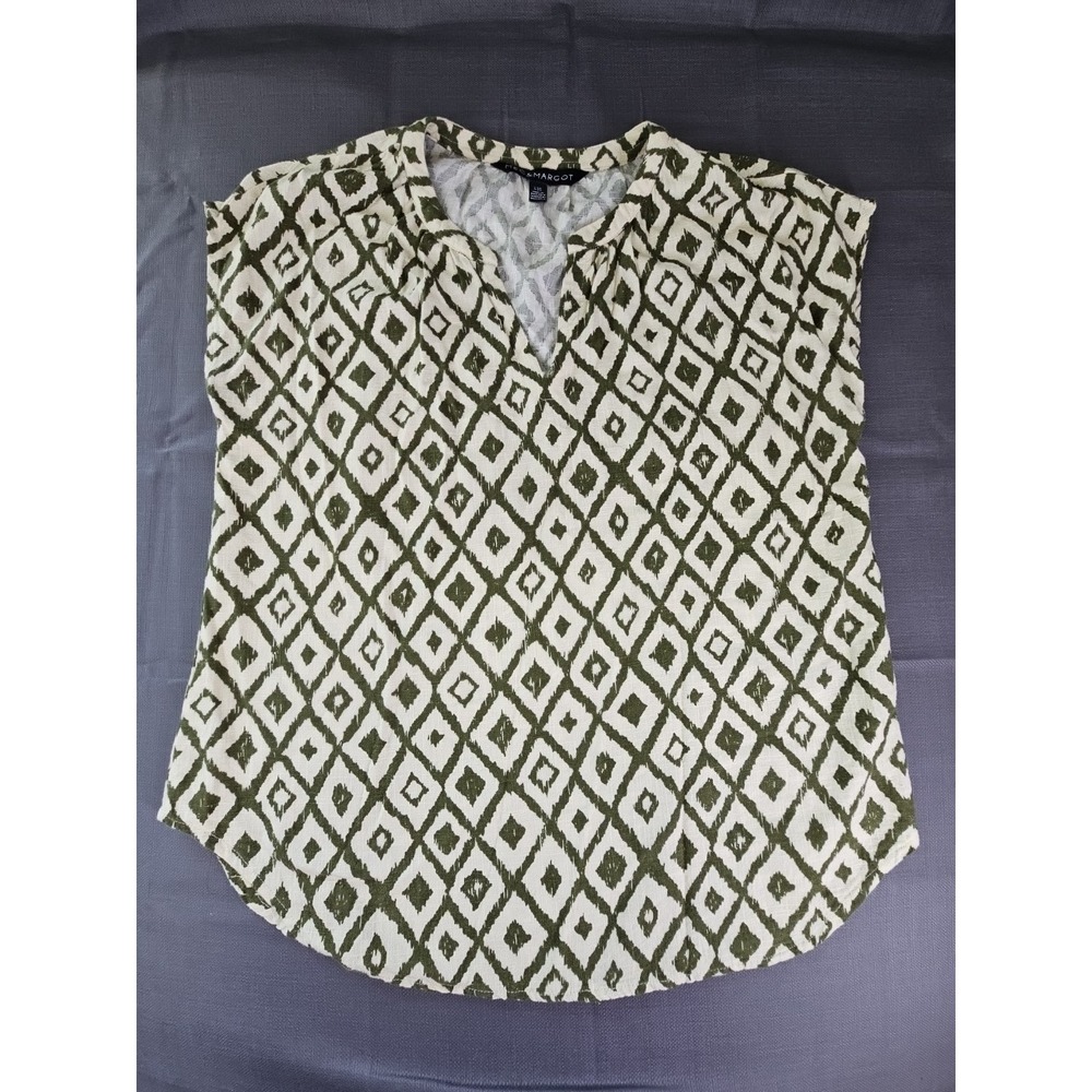 Meg‎ & Margot Cream/green Diamond Print Viscose/Linen Blouse LG